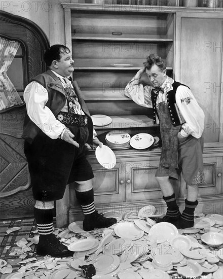 Stan Laurel and Oliver Hardy on-set of the Film, "Swiss Miss", 1938