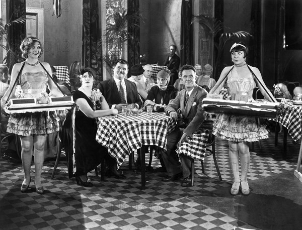 Anita Garvin, Oliver Hardy, Kay Deslys and Stan Laurel on-set of the Film, "Their Purple Moment", 1928