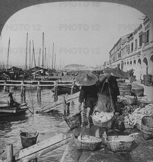 Fishermen and Boats in Harbor, Macau, Single Image of Stereo Card, circa 1910