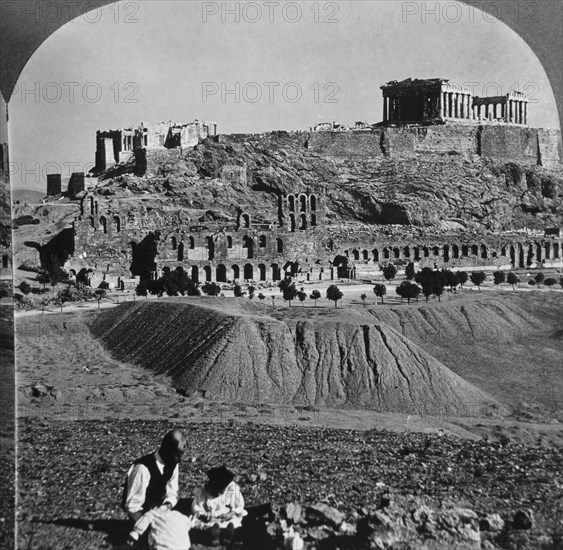 Acropolis with Parthenon, Athens, Greece, Single Image of Stereo Card, circa 1900