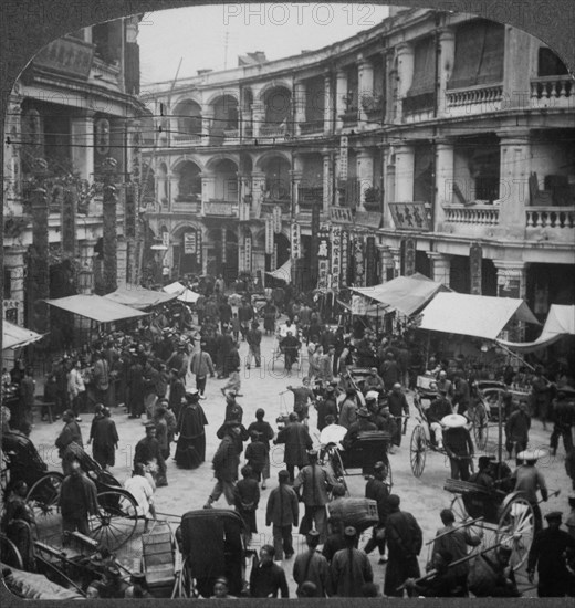 Busy Street Scene, Queen's Road, Hong Kong, Single Image of Stereo Card, 1902