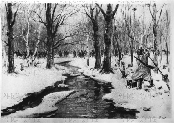 Russian Troops Moving Across Melting Snows of Spring, Sketch by Russian War Artist, Nikolai Zhukov, 1944