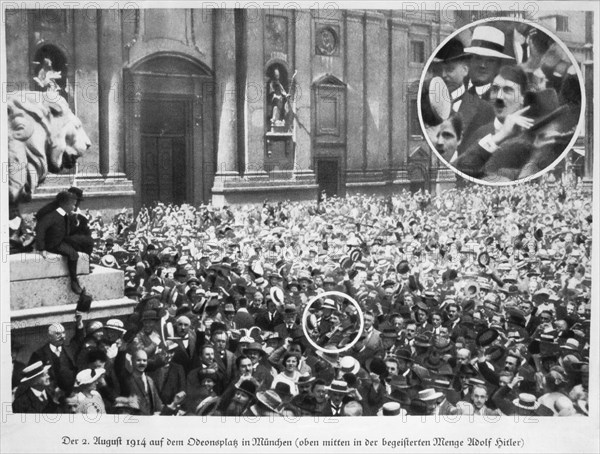 Adolf Hitler Among Crowd in Odeonplatz, Munich, Germany, Listening to War Speeches, August 2, 1914, the day after Germany Declared War on Russia