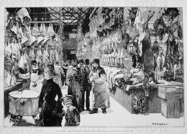 Customers in Butcher Shop, "Washington Market the day Before Thanksgiving", Illustration, Harper's Weekly, 1874