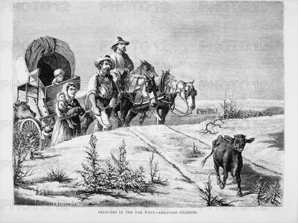 Family and Wagon Caravan, "Sketches in the Far West - Arkansas Pilgrims", Illustration, Harper's Weekly, 1874