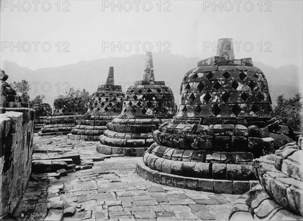 Perforated Bells of Stupas on First Terrace, Borobudur Temple, Java, Indonesia, circa 1900