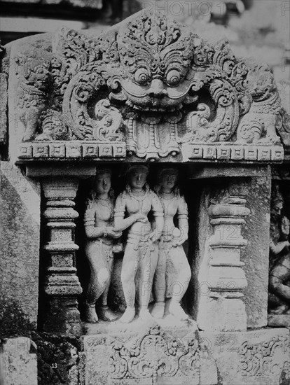 Statue of Three Women and Relief Panel, Prambanan Temple, Java, Indonesia, circa 1900