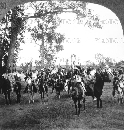 Sioux Native American Indians in Traditional Headdresses on Horseback, Nebraska, USA, Single Image of Stereo Card, circa 1900