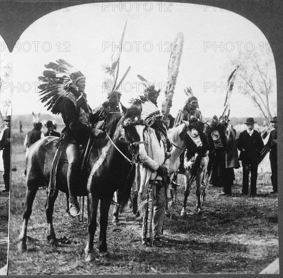 Sioux Native American Indians in Traditional Headdresses on Horseback, Nebraska, USA, Close Up, Single Image of Stereo Card, 1900