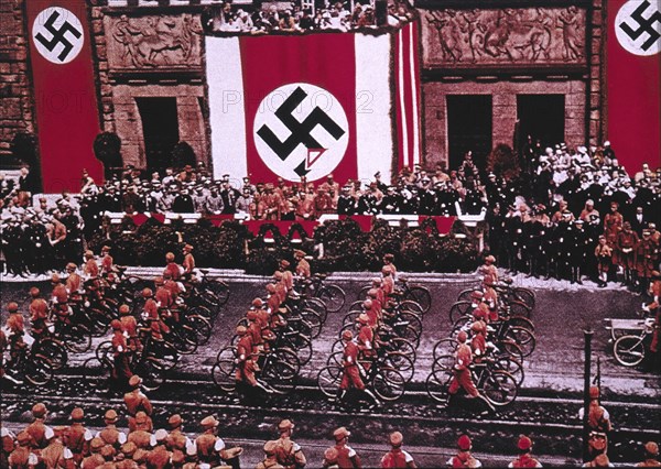 SA Troops with Bicycles Parading before Adolf Hitler at Rally, Dortmund, Germany, 1933