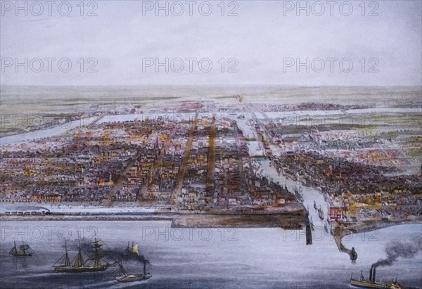 View of Chicago and Rivers from Lake, Chicago, Illinois, USA, Hand-Colored Lantern Slide, 1856