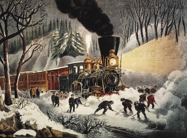 American Railroad Scene, Snow Bound, Lithograph, Currier & Ives, 1871