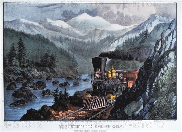 Train by River, The Route to California, Lithograph, Currier & Ives, 1871