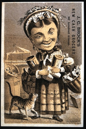 Woman Holding Groceries in Store, J.C. Brock's New Cash Grocery, Trade Card, circa 1880