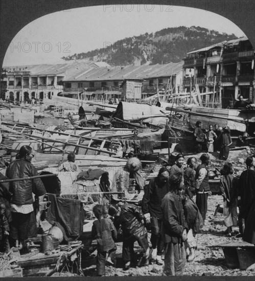 Large Group of People with Boats in Harbor, Kowloon, Hong Kong, Single Image of Stereo Card, 1910