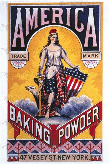 Woman Draped in American Flag, American Baking Powder, Trade Card, circa 1880