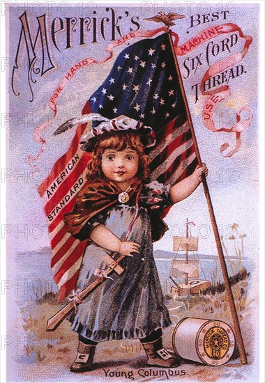 Young Child Holding American Flag and Sword, Merrick's Best Six Cord Thread, Trade Card, circa 1900