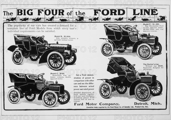 Ford Motor Company Advertisement Featuring the Big Four Automobiles, circa 1909
