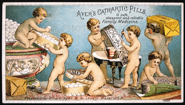 Group of Babies Packing Boxes, Ayer's Cathartic Pills, Trade Card, circa 1900