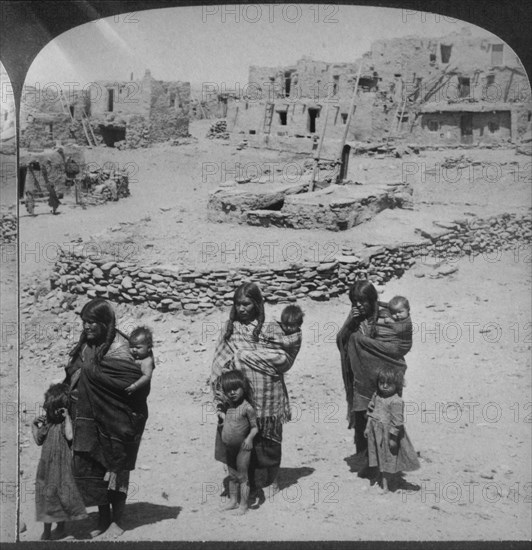 Women and Children, Oraibi, Hopi Village, Arizona, USA, Single Image of Stereo Card, circa 1903