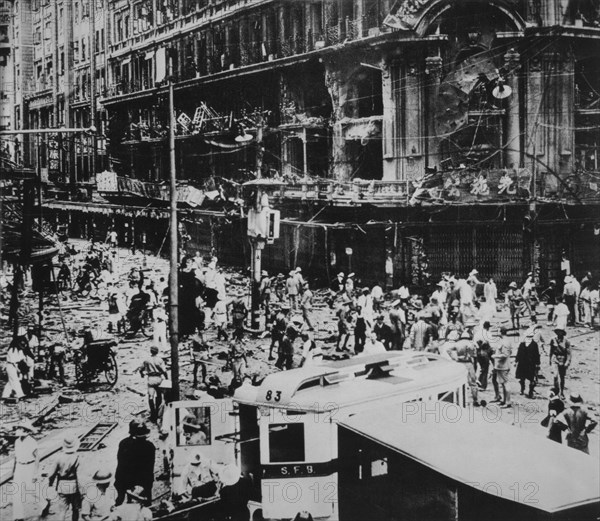 Crowd Standing in Street after Japanese Bombing of Shanghai, China during Second Sino-Japanese War, circa 1937