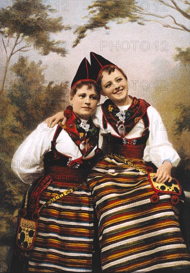Two Young Women, Portrait, Rattvik, Sweden, Chromolithograph of Photograph by Algot E. Strand, 1894