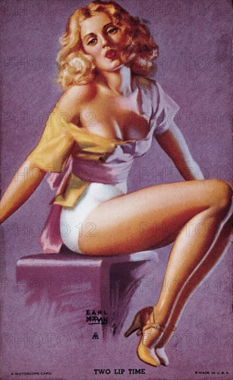 Sexy Blond Woman Pursing Lips, "Two Lip Time", Mutoscope Card, 1940's
