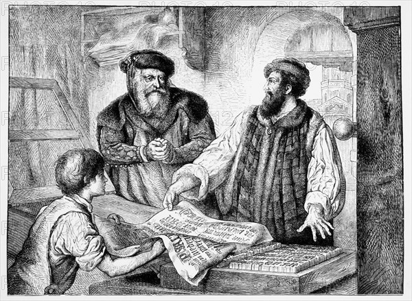 Johannes Gutenberg Examining First Proof from Printing Press, 15th Century, Engraving, 1878