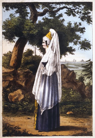 Merchant's Wife, or Kuptschiha, from Pinkerton's Russia, Hand-Colored Engraving, 1833