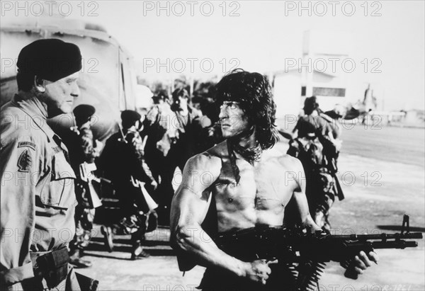 Richard Crenna and Sylvester Stallone, on-set of the Film, "Rambo: First Blood Part II", 1985
