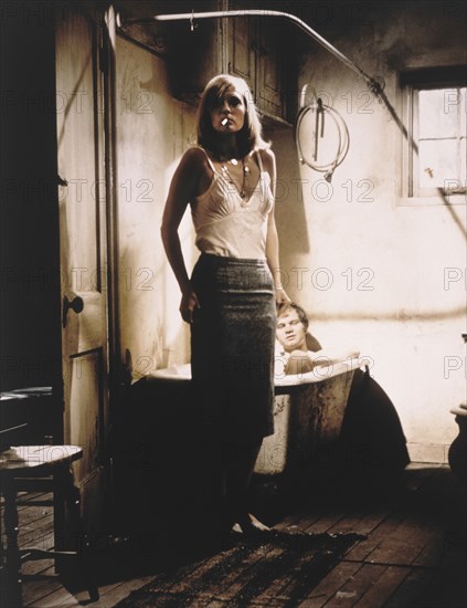 Faye Dunaway and Michael J. Pollard, on-set of the Film, "Bonnie and Clyde", 1967