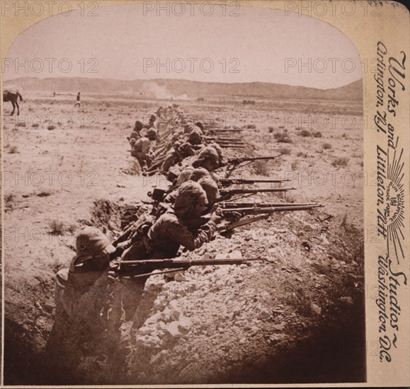 British Soldiers Firing on the Boers from Trenches at Honey Nest Kloof, South Africa, Second Boer War, Single Image of Stereo Card, 1901