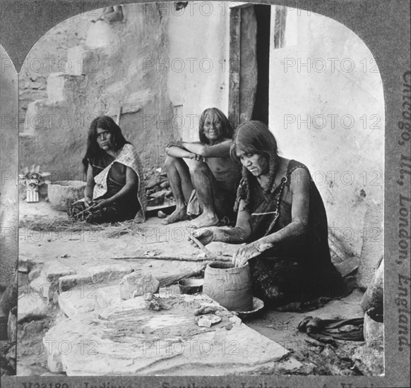 Hopi Women Making Pottery, Arizona, USA, Single Image of Stereo Card, circa 1900