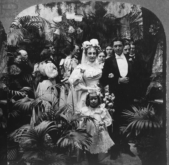 Wedding Couple with Attendants, Single Image of Stereo Card, circa 1898