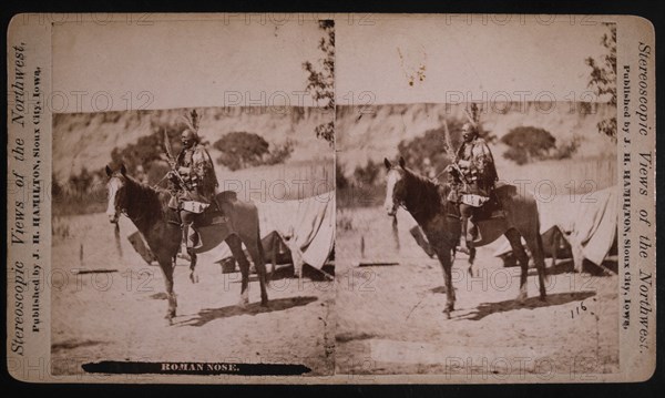 Cheyenne Warrior, Roman Nose, Portrait on Horse, Stereo Card, circa 1860's