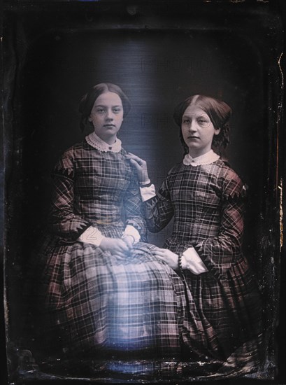 Two Teen Girls in Identical Plaid Dresses, Portrait, Daguerreotype, circa 1850's