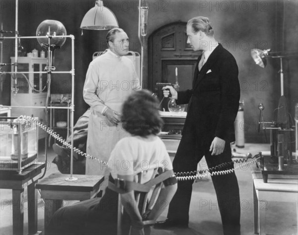 Lionel Atwill, Fay Wray, Melvyn Douglas, on-set of the Film, "The Vampire Bat", 1933