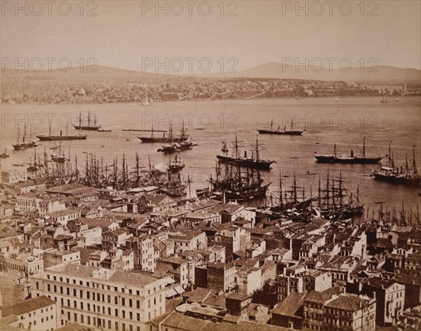 Buildings Along Waterfront with Ships in Harbor, Constantinople (Istanbul), Turkey, circa 1880