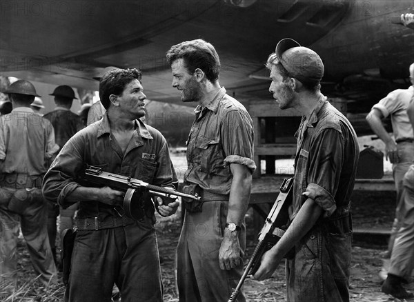 John Garfield, Gig Young, Ward Wood, on-set of the Film, "Air Force", 1943