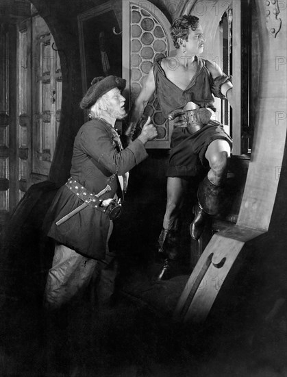 Donald Crisp, (left), Douglas Fairbanks, on-set of the Film, "The Black Pirate", 1926