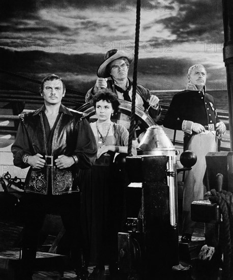 Yul Brynner, Claire Bloom, George Mathews, Charles Boyer, on-set of the Film, "The Buccaneer", 1958