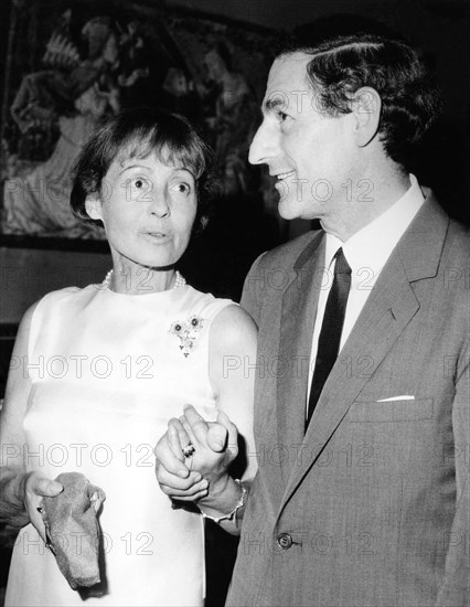 Luise Rainer with Gian Carlo Menotti at a reception to honor the 11th Anniversary of the Annual Summer Music Festival, Spoleto, Italy, 1968