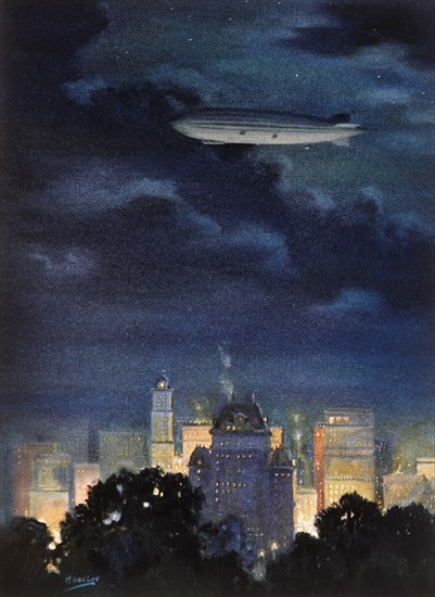 The Dirigible "Los Angeles" over a City at Night, Illustration by Manning Lee from the book, Historic Airships by Rupert Sargent Holland, 1928