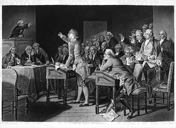 Patrick Henry Addressing the Virginia House of Burgesses against Taxation without Representation, 1765, Engraving from 1879