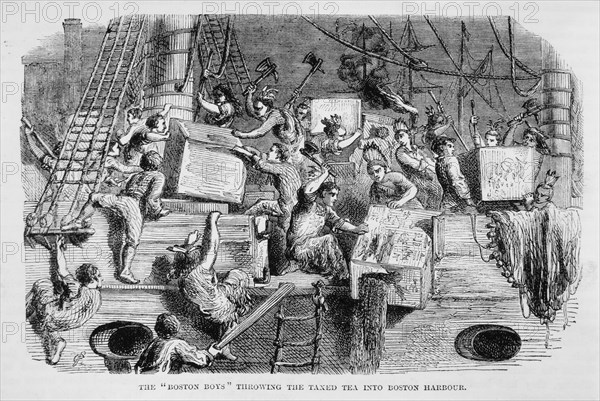 The "Boston Boys" Throwing the Taxed Tea into Boston Harbor, Boston Tea Party, Illustration
