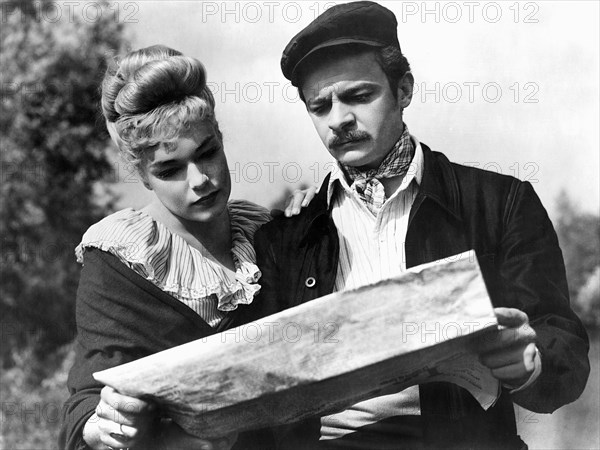 Simone Signoret, Serge Reggiani,  on-set of the Film, "Casque d'Or", 1952