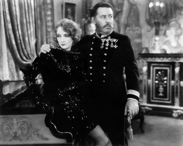 Marlene Dietrich, Warner Oland, on-set of the Film, "Dishonored", 1931