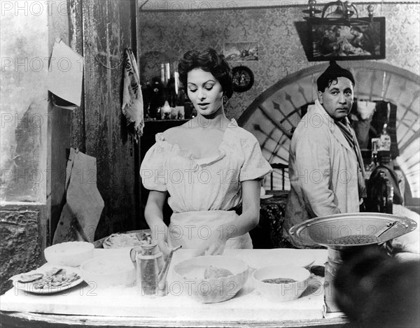 Sophia Loren, Giacomo Furia, on-set of the Film, "Gold of Naples" (aka L'Oro di Napoli), 1954