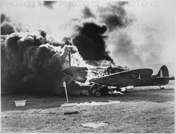 Burning WWII Fighter Airplane from the Documentary Film, "Battle of Britain", 1969