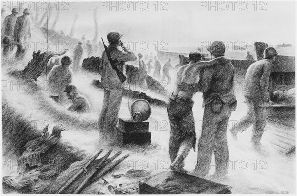 Wounded US Marines Being Escorted from Engebi Island to Land Craft for Transfer to Sick Bay for Treatment, Illustration, 1944
